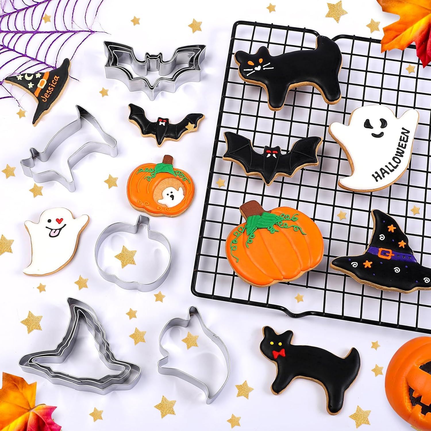 Kitchen Witch Baking - แม่พิมพ์คุกกี้ฮาโลวีน 3 ชิ้น รูปฟักทอง หมวกแม่มด อุปกรณ์ทำขนมสแตนเลส
