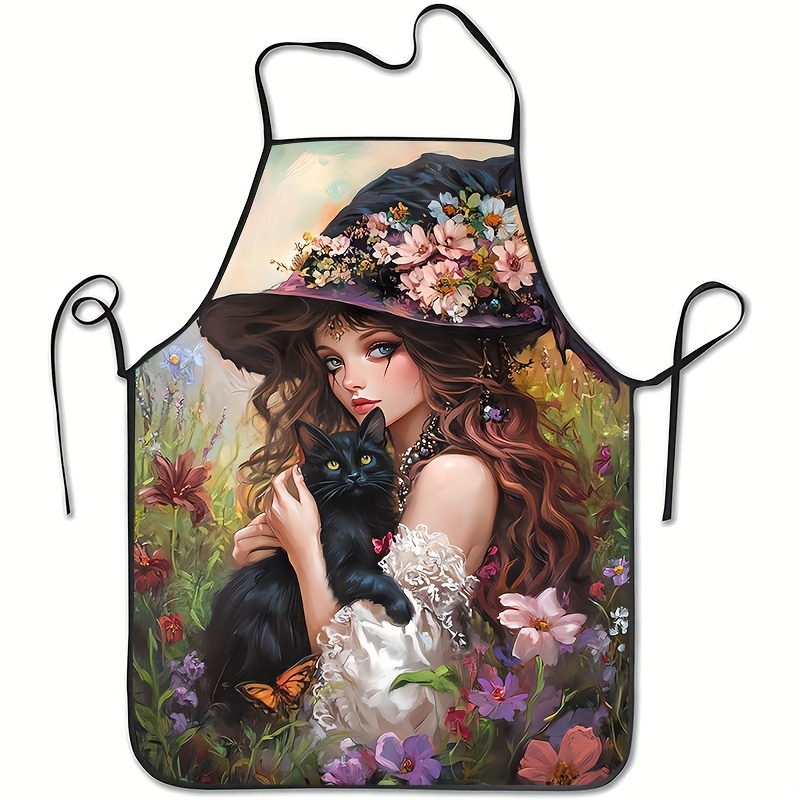 Kitchen Witch Baking - ผ้ากันเปื้อนลายแม่มดแมวดำวินเทจ เหมาะสำหรับทำอาหาร อบขนม ย่าง และงานบ้าน