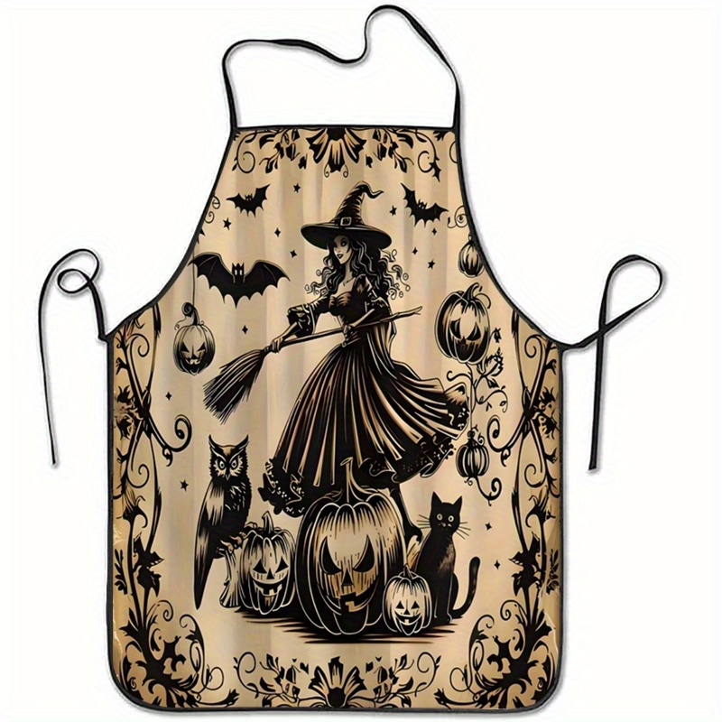Kitchen Witch Baking - ผ้ากันเปื้อนโพลีเอสเตอร์ลายแม่มดและฟักทองสำหรับฮาโลวีน 1 ชิ้น แบบไม่มีแขน น้ำหนักเบา ทนทาน